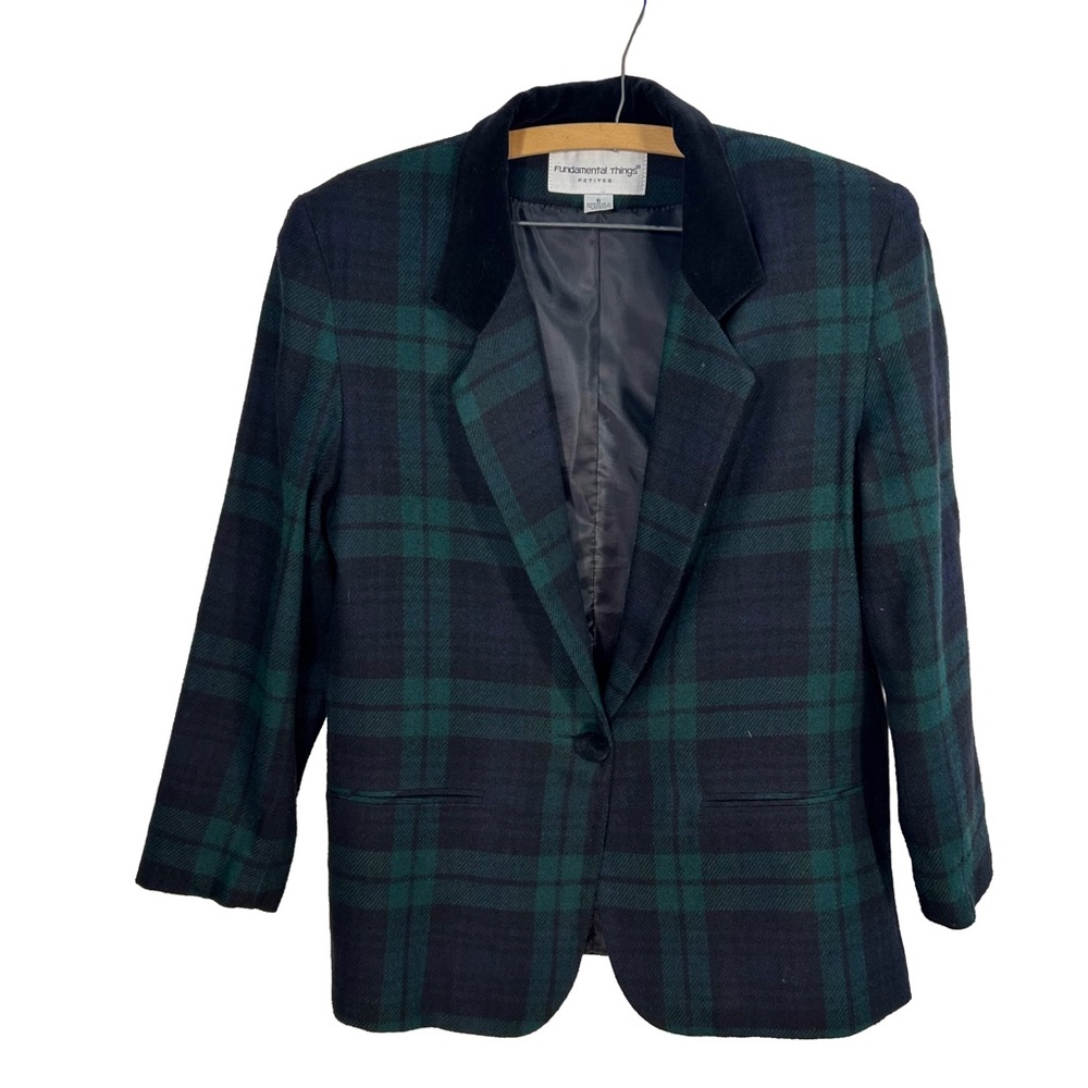 Fundamental Things Petites Elegant Plaid Wool Blazer, Black and Green- 6P